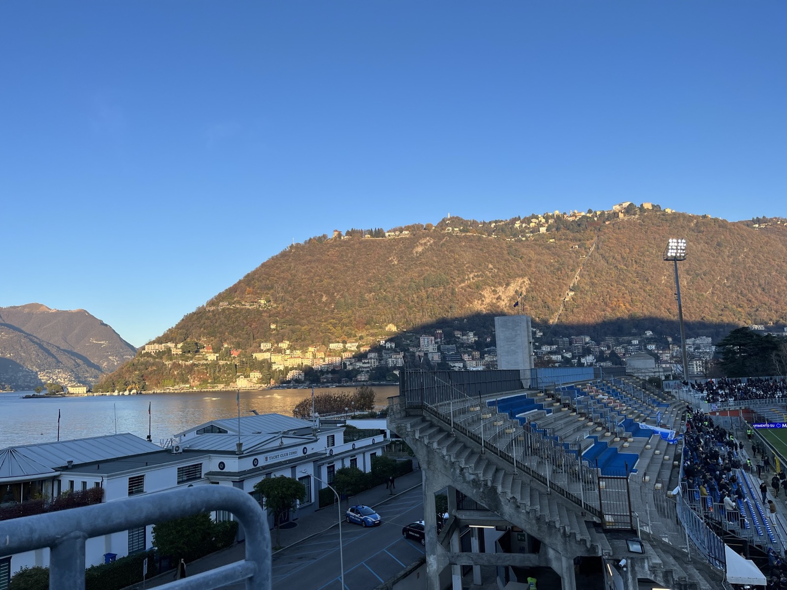 The Stadio Giuseppe Sinigaglia with Lake Como in the background, during a Serie B match between Como and Reggina in 2022.