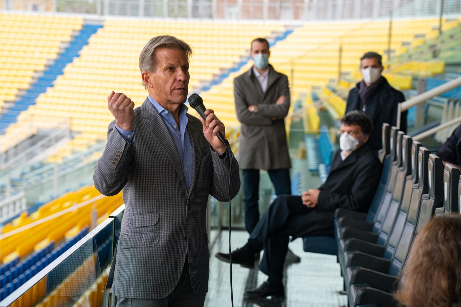 Kyle Krause presenting the renovation project for the Stadio Ennio Tardini, April 2021.